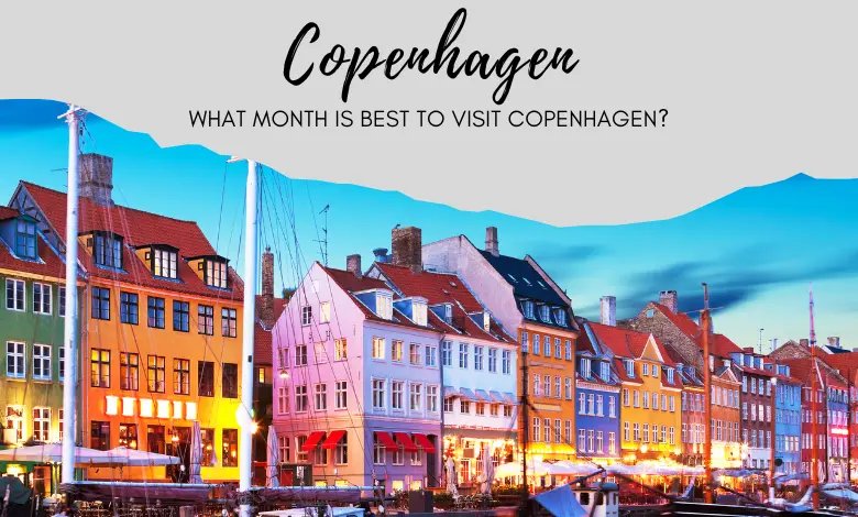Colorful buildings along Nyhavn canal in Copenhagen at sunset