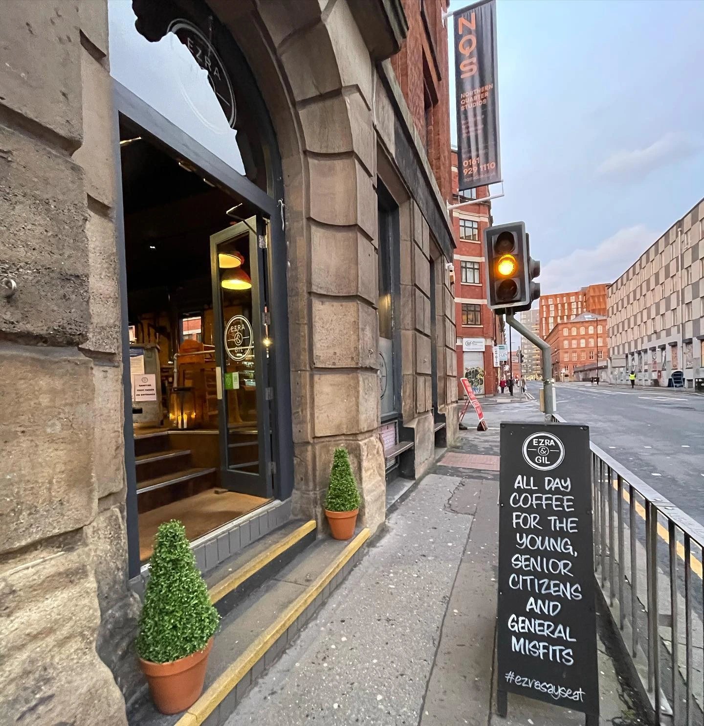 Entrance of Ezra and Gil dogs restaurant in Manchester