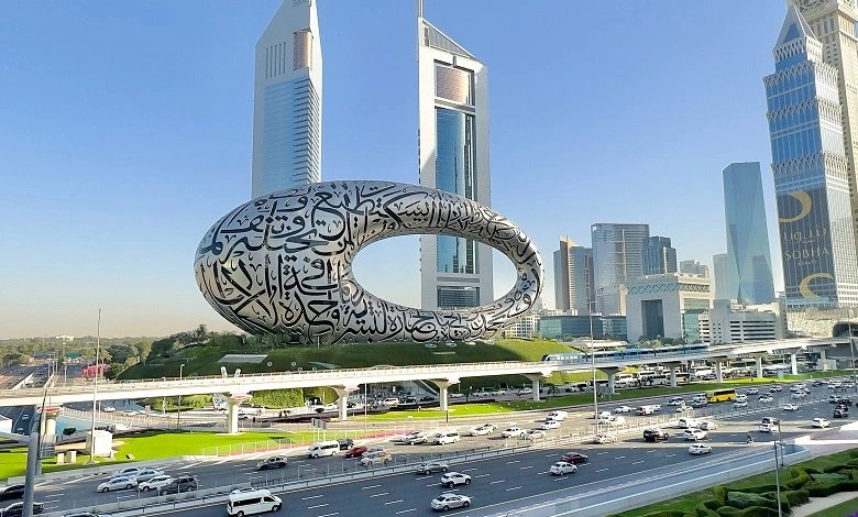 Museum of the Future with Arabic calligraphy, set against Dubai’s modern skyline.