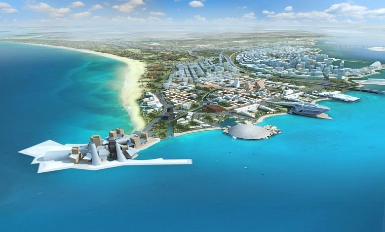 Aerial view of Saadiyat Island coastline and cultural district in Abu Dhabi