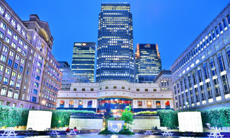 View of Cabot Square with Canary Wharf Towers