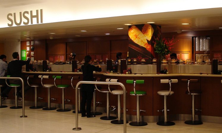 Sushi bar inside Waitrose shopping mall at Canary Wharf, London