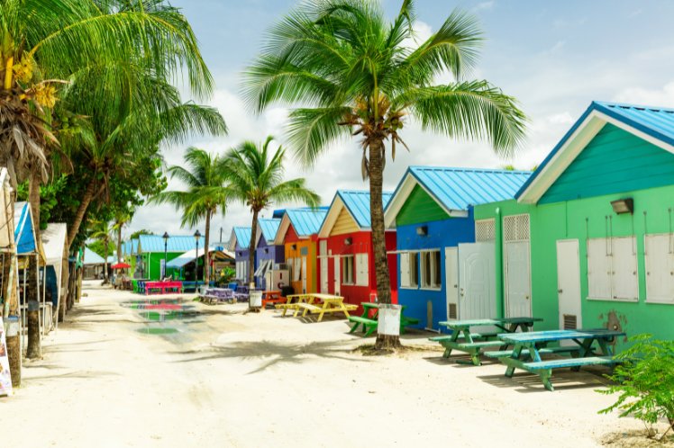 Colorful beach huts along a sandy path with palm trees in Barbados, Caribbean