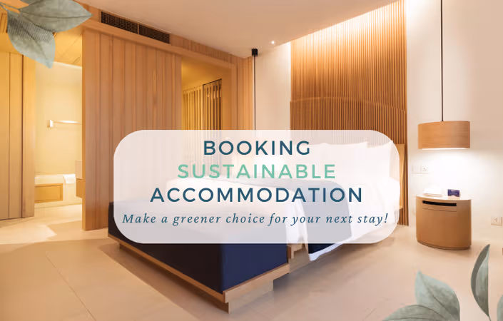 Image of a serviced apartment room with booking sustainable accommodation written