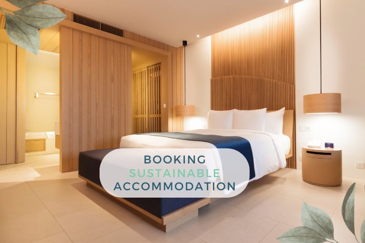 Image of a serviced apartment room with booking sustainable accommodation written