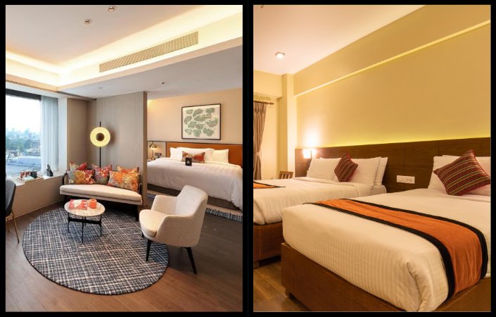 Side-by-side comparison of hotel room and serviced apartment layout