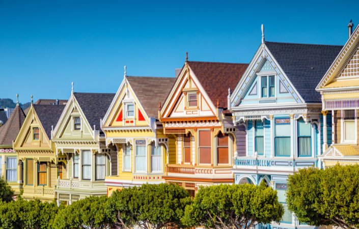  Row of colorful Victorian homes
