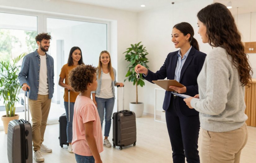 Family arriving at serviced apartment for temporary accommodation arranged by a housing association.