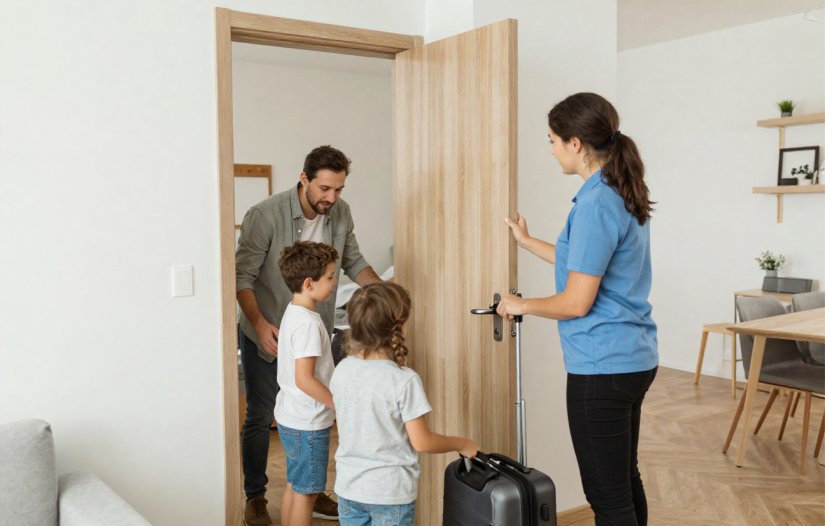 Housing representative assisting a family arriving at temporary accommodation after relocation.