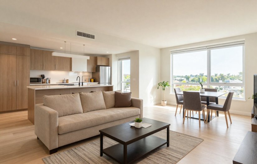 Fully furnished serviced apartment with living, dining and kitchen areas for temporary resident accommodation.