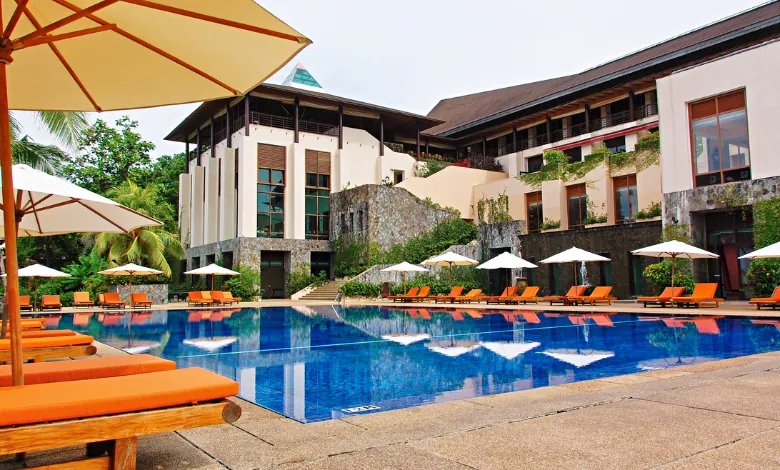 Luxury hotel with outdoor swimming pool