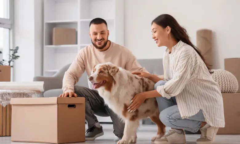 Couple settling into their new home with their dog