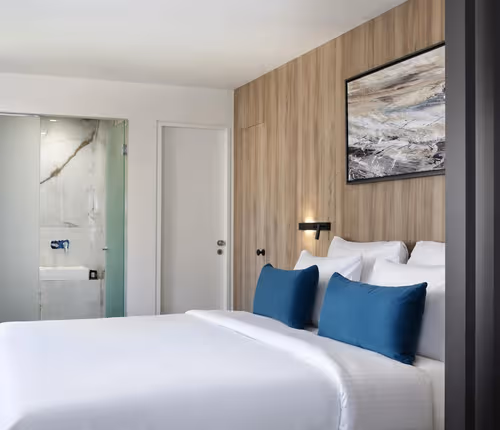 Open plan bedroom at Kolokotroni Apartments