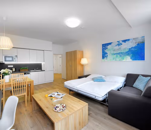 Fully equipped kitchen in 1 bed at Bělohorská Residence