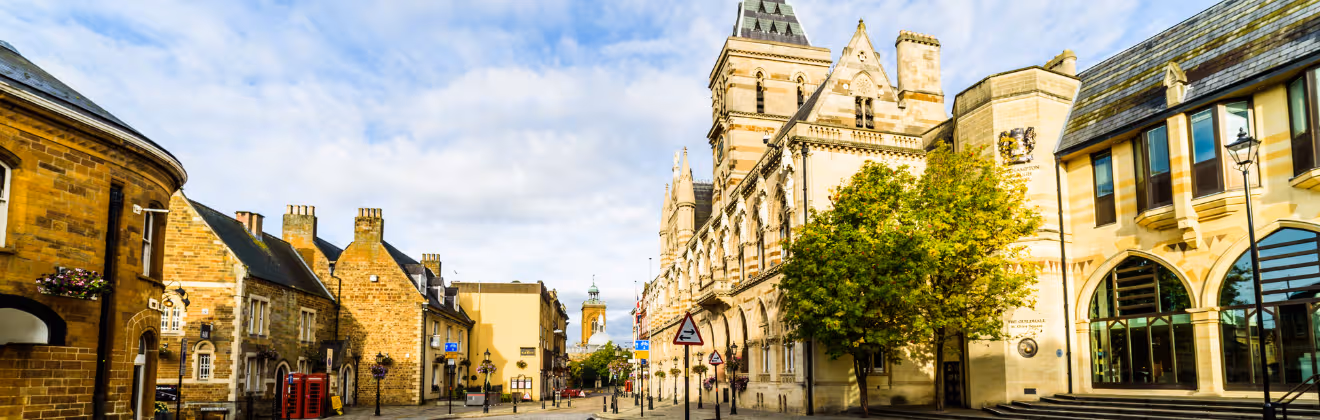 Gothic architecture of Northampton Guildhall building, England.