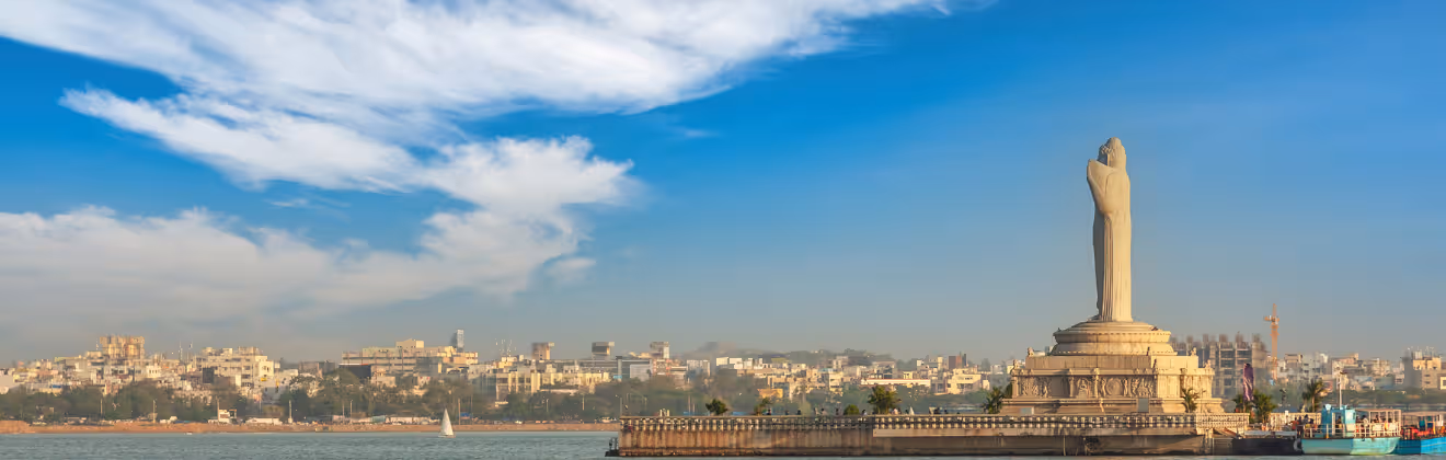 Hyderabad India, city skyline at Buddha statue in the Hussain Sagar, India