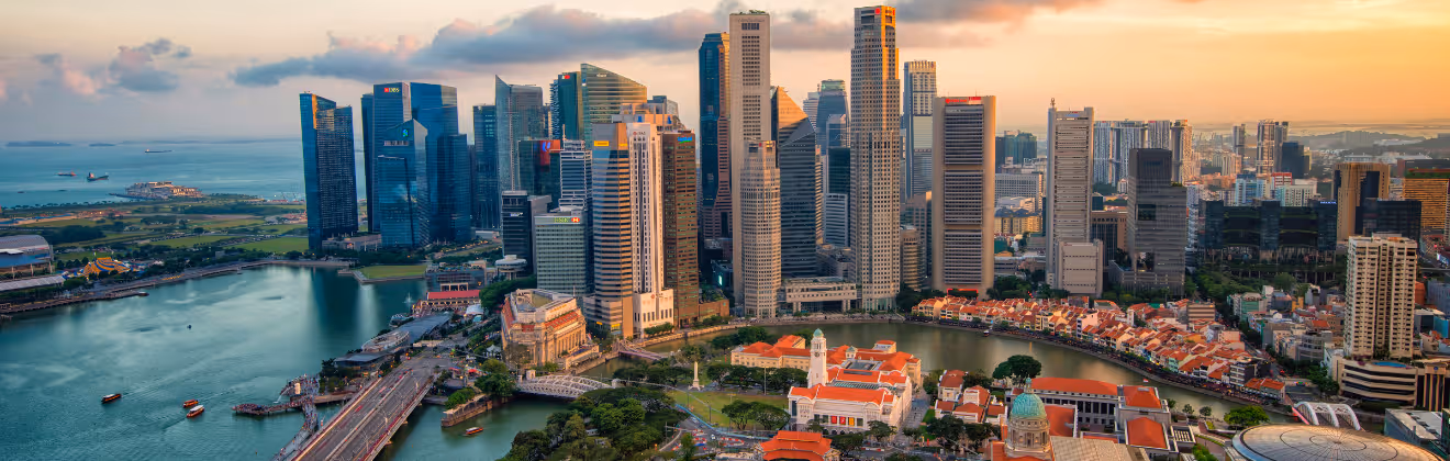 Aerial view of Singapore business district and city at twilight in Singapore