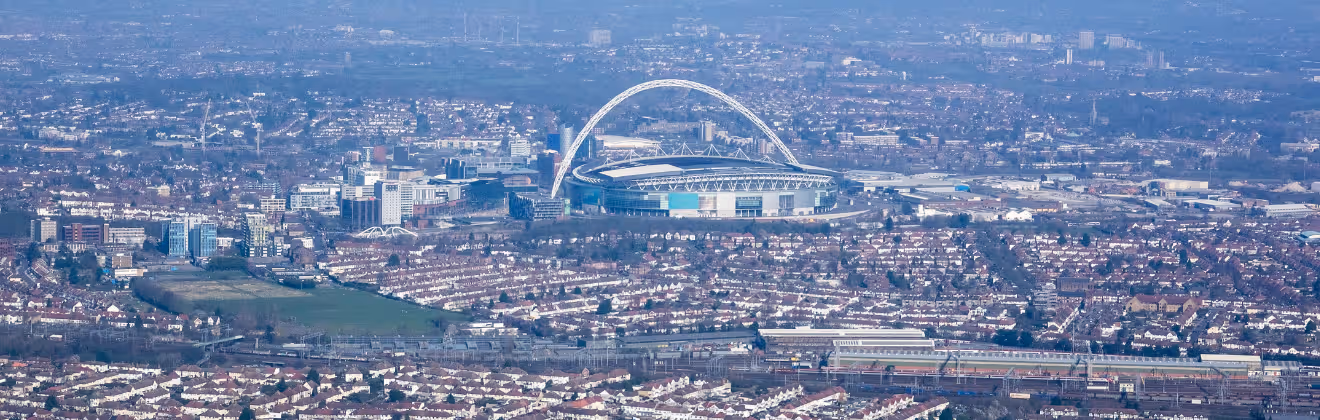 Aerial view of Wembley Stadium and surrounding London neighbourhoods