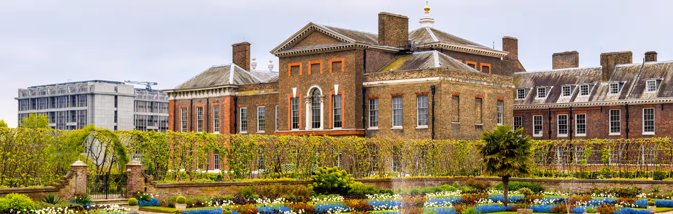 Kensington Palace facade with formal garden and tulip borders