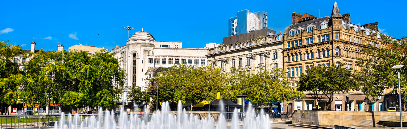 Fountains at Piccadilly garden in Manchester, England