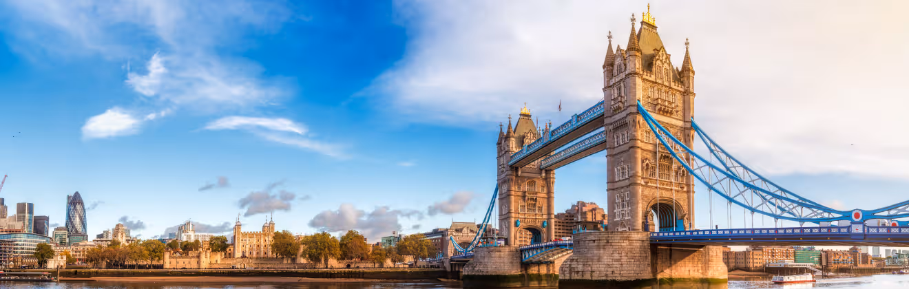 Morning panoramic view of London’s skyline featuring Tower Bridge spanning the River Thames.