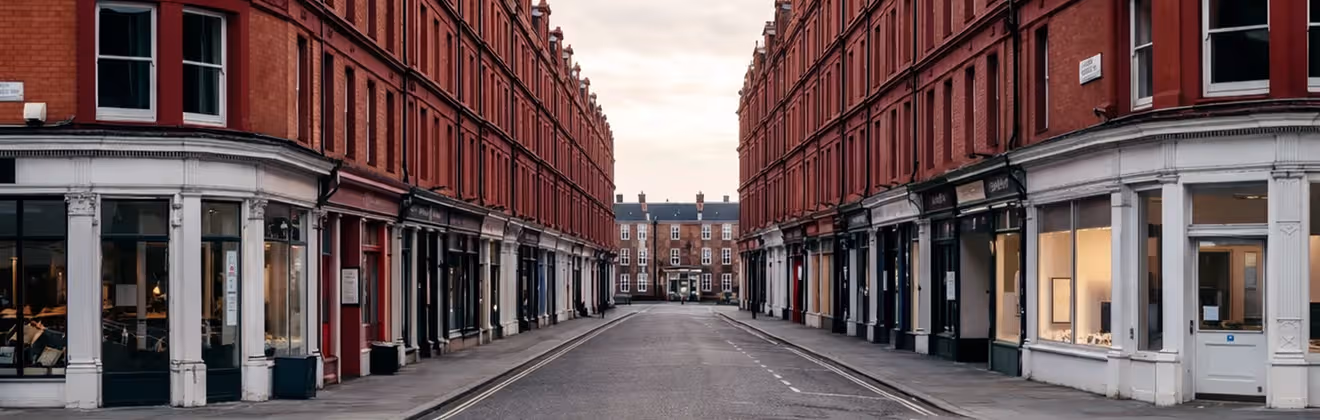 Red brick street with symmetrical buildings in London