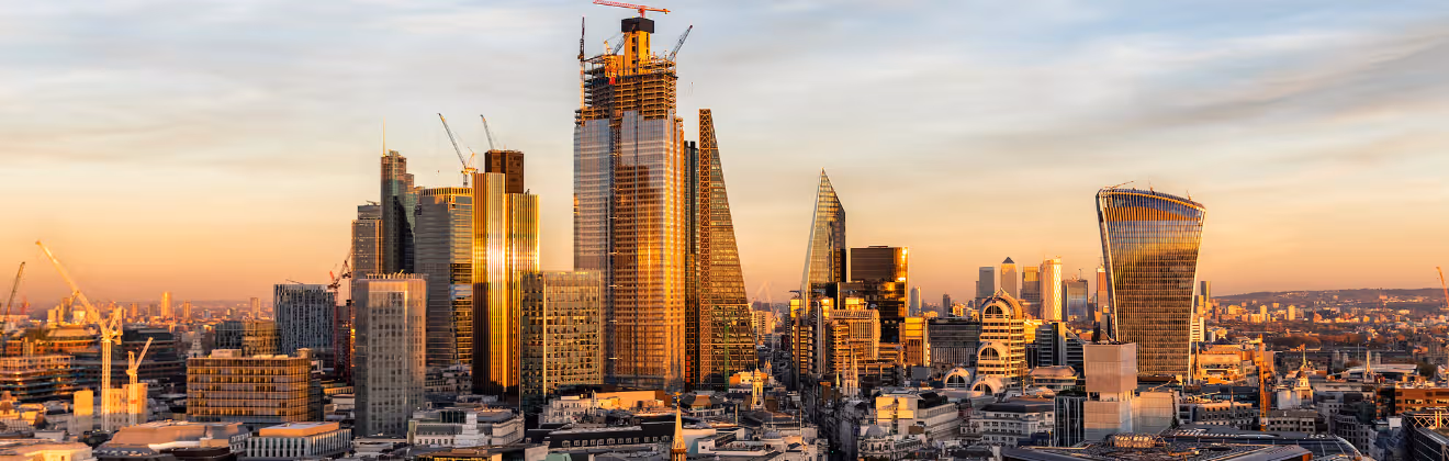 Sunset over the urban skyline of the City of London