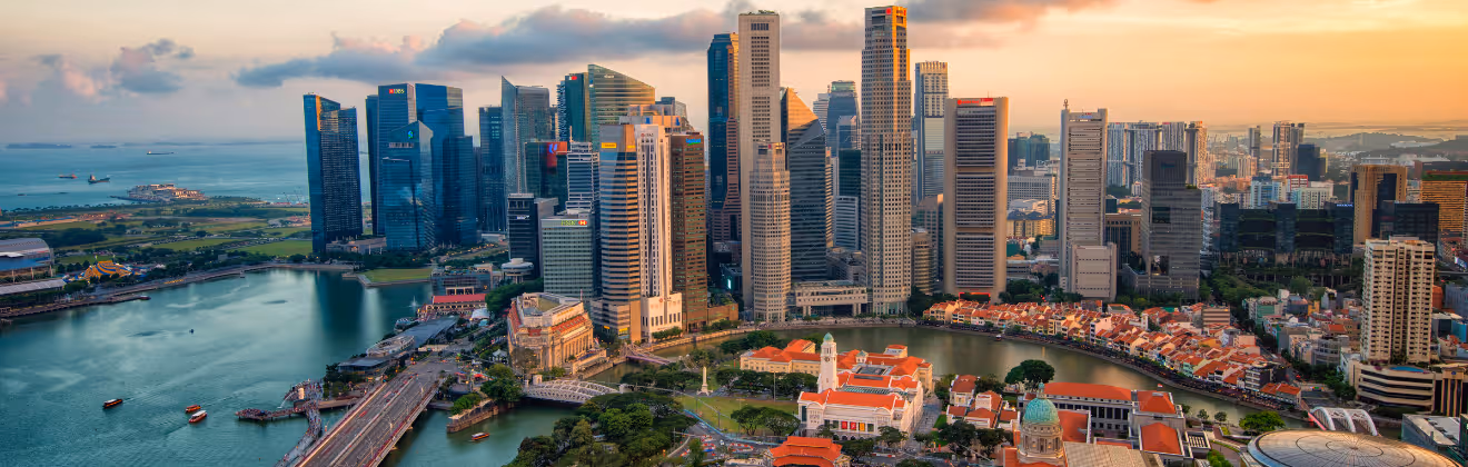 Aerial view of Singapore business district and city at twilight in Singapore