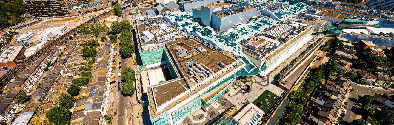 The aerial view of Shepherds Bush and Westfield area in London, UK