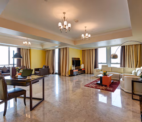 Spacious living area at Dubailand Serviced Apartments, Dubai Land