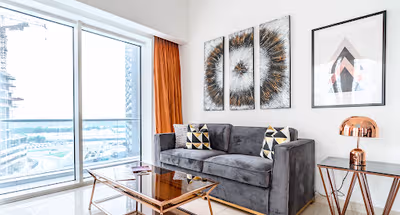 Living area at Chic One Bedroom In West Wharf Tower