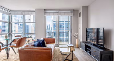 Spacious living area at N. Jefferson #1701 Serviced Apartment, West Loop