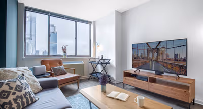 Bright living area at Luxury West 47th street Furnished Apartment, Manhattan