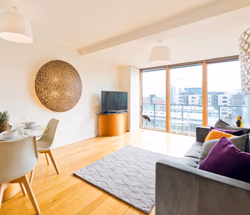 Living room at South Dock apartment
