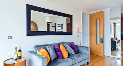 Living room at South Dock apartment