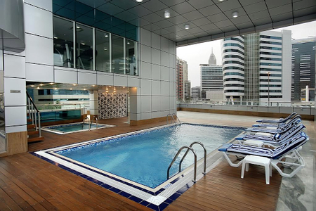 Pool side at Tecom Greens Serviced Apartments, Al Barsha