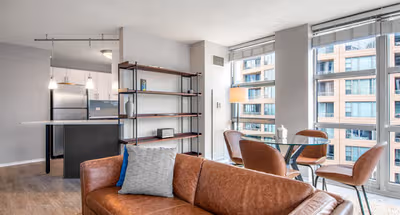 Bright living area at N. Jefferson #1701 Serviced Apartment, West Loop