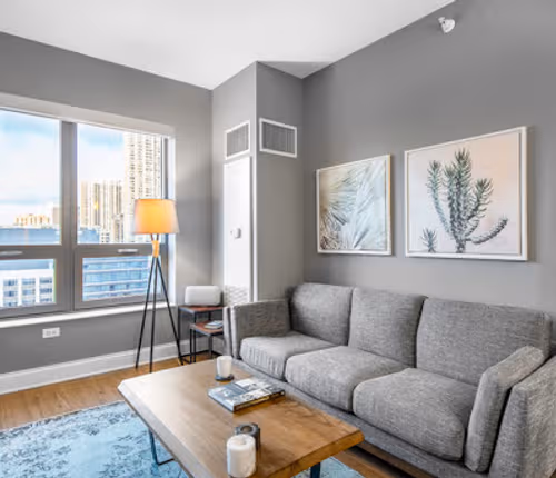 Living area at West Hubbard #1701 Serviced Apartment, River North