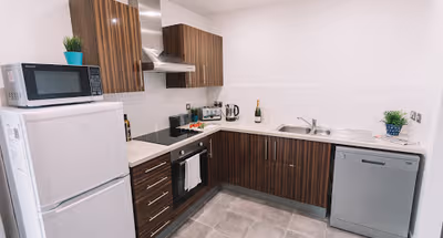 Fully equipped kitchen at Bridge Square Apartments