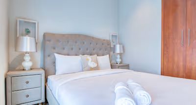 Luxury bedroom at Marina Heights Serviced Apartments, Dubai Marina