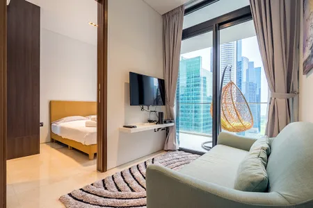 Living area at Robinson Rd Apartments, Marina Bay