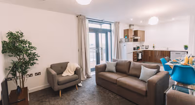 Spacious living room at Bridge Square Apartments