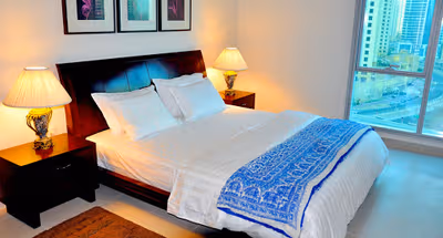 Luxury bedroom at Marina Promenade Residences Serviced Apartments, Dubai Marina