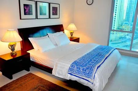 Luxury bedroom at Marina Promenade Residences Serviced Apartments, Dubai Marina