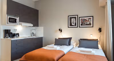 Twin Bedroom with Kitchenette at Forenom Aparthotel Helsinki Kamppi