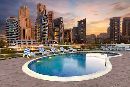 Pool side at Marina Waterfront Serviced Apartments, Dubai Marina