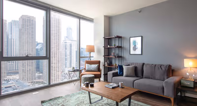 Bright living area at W. Madison #2006 Serviced Apartment, West Loop