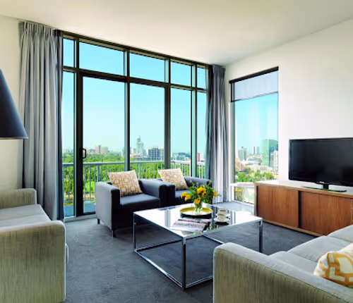 Spacious living room at Flinders Street Apartments, Melbourne