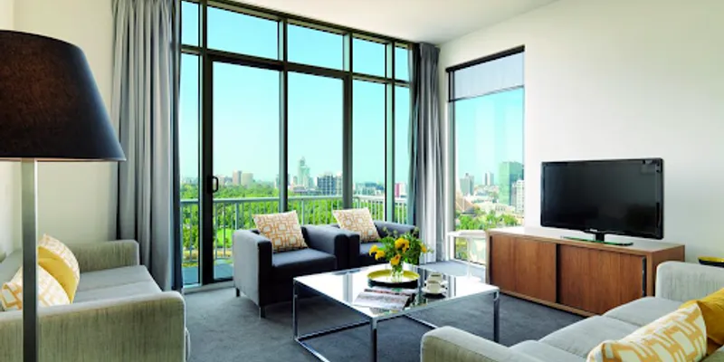 Spacious living room at Flinders Street Apartments, Melbourne